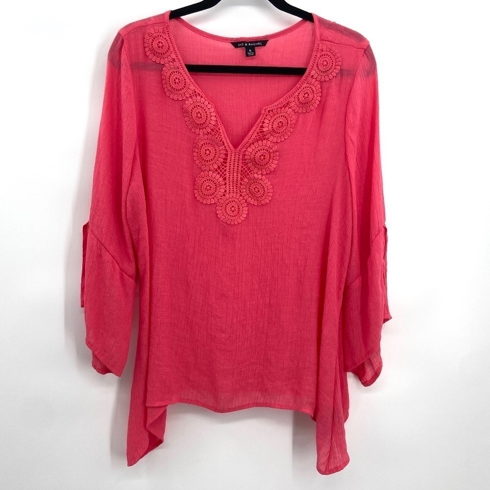 ZAC & RACHEL Pink Crochet Neck Semi Sheer 3/4 Sleeve V-Neck Blouse Size XL